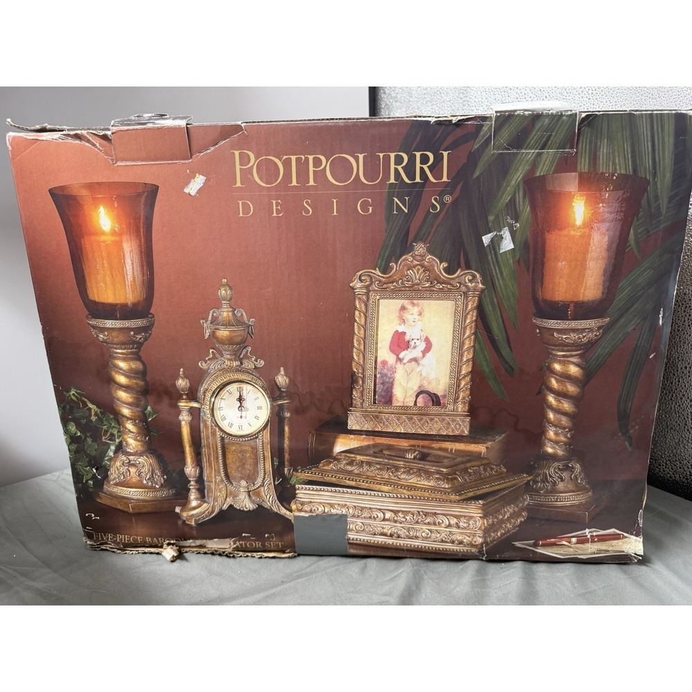Potpourri Designs Five-Piece Baroque Decor Set Hurricane Candles High Clock NEW